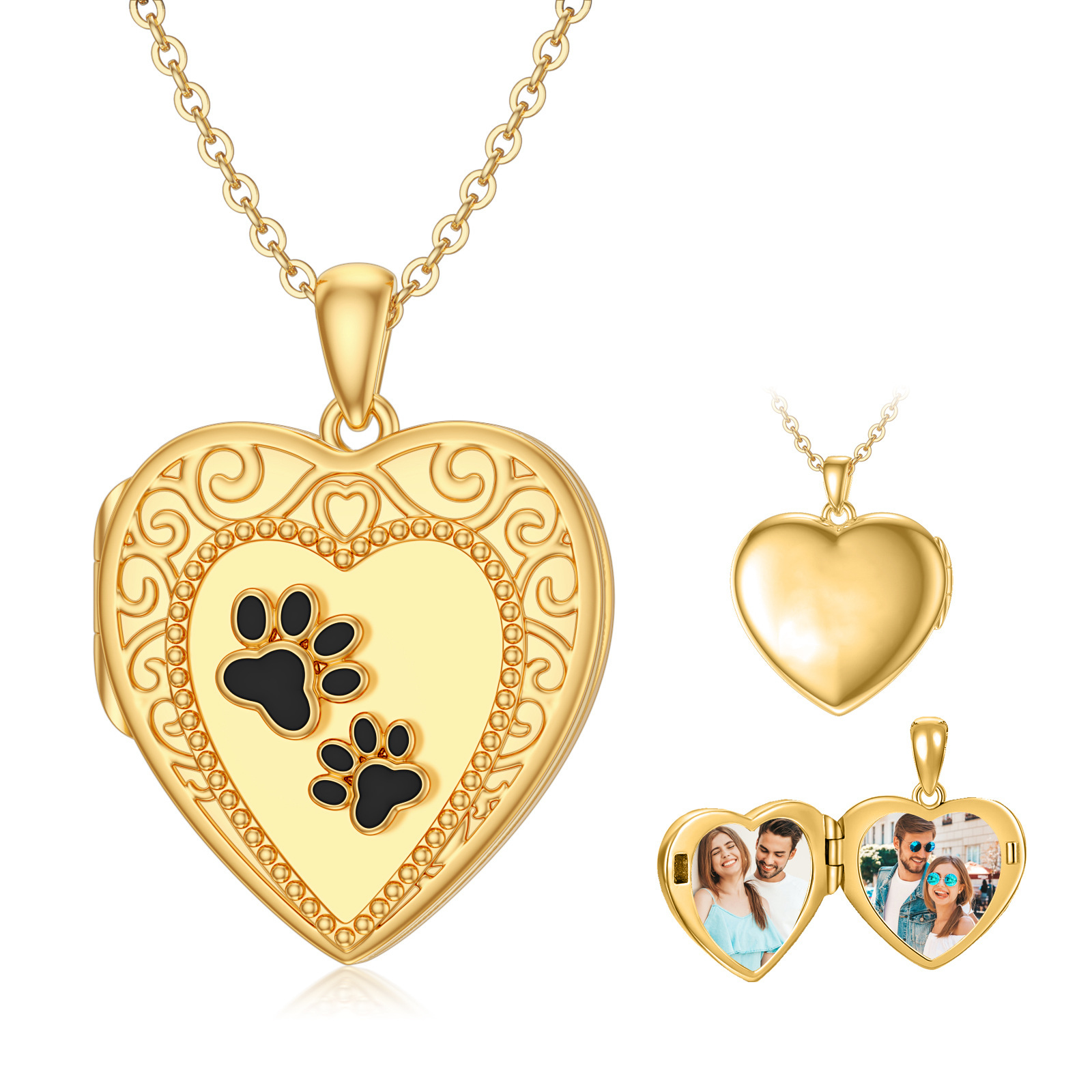 Paw Heart Pendant Personalized Photo Locket Necklace in 14K Solid Gold-YAFEINI Personalized Jewelry