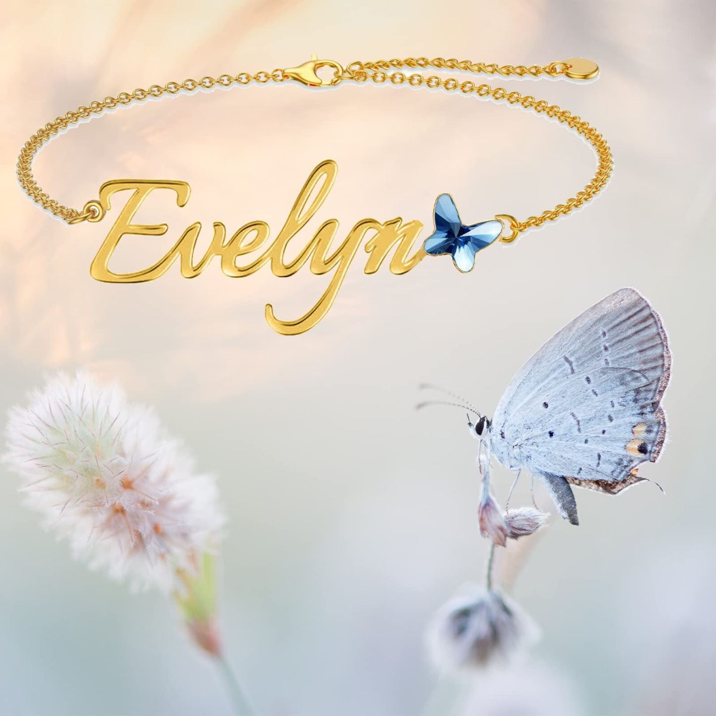 Personalized Butterfly Name Bracelet in 14K Solid Gold-YAFEINI Personalized Jewelry