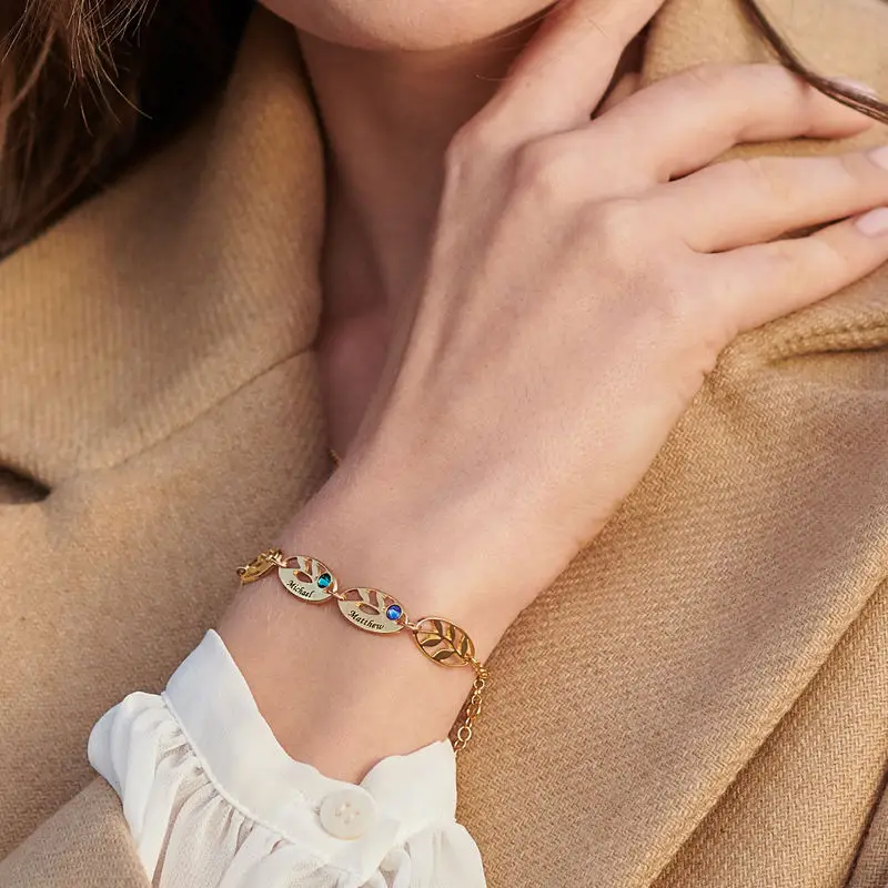 Elegant Birthstone Name Leaf Bracelet in Gold Vermeil-YAFEINI Personalized Jewelry