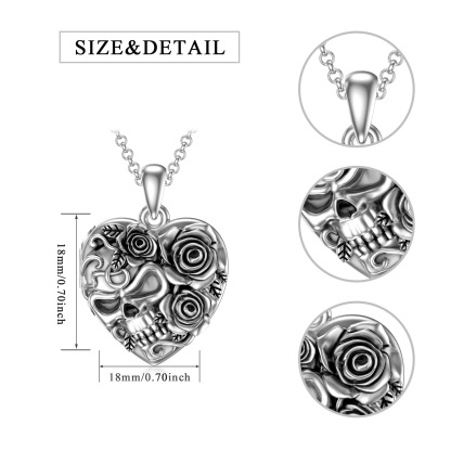 Personalized Retro Rose with Skull Custom Photo Locket Necklace in Sterling Silver-YAFEINI Personalized Jewelry