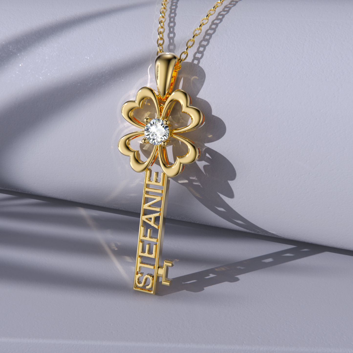 Radiant Cubic Zirconia Key Necklace in 14K Solid Gold-YAFEINI Personalized Jewelry