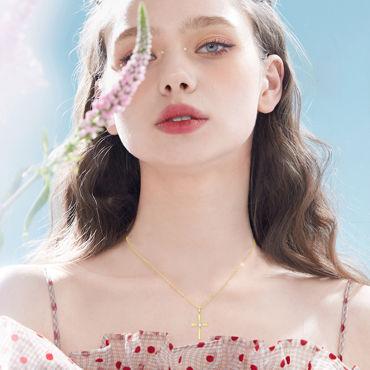 Zircon Cross Pendant Birthstone Necklace in Gold Vermeil-YAFEINI Personalized Jewelry