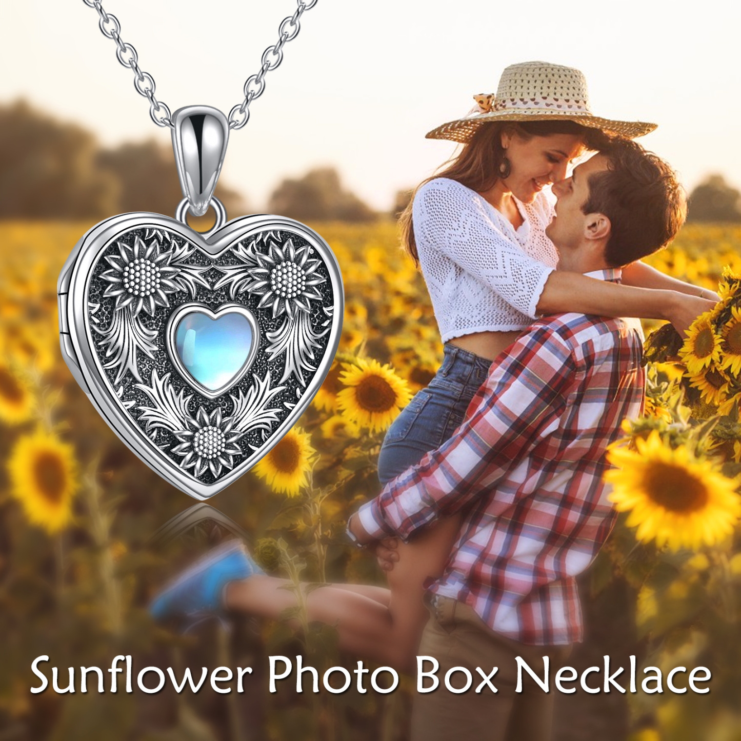 Personalized Moonstone Heart Shaped Rose Custom Photo Locket Necklace in Sterling Silver-YAFEINI Personalized Jewelry