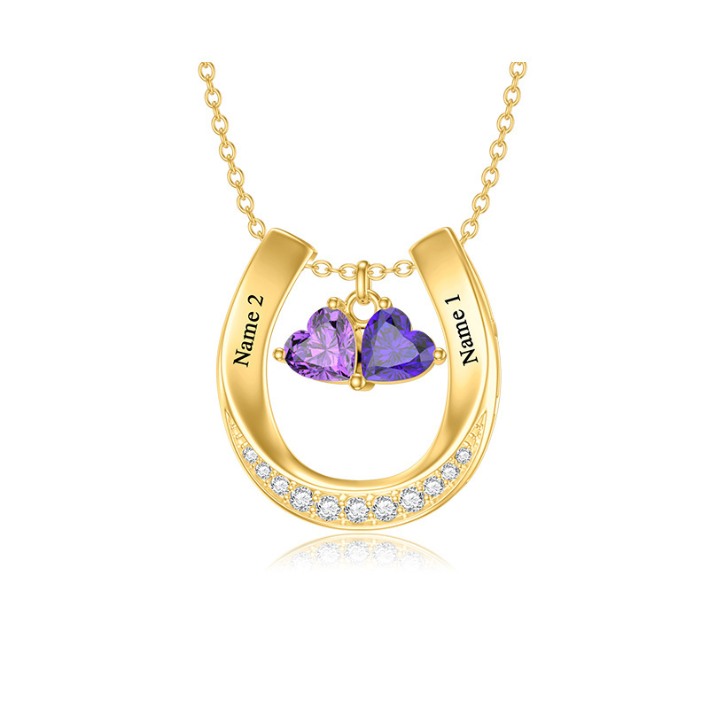Personalized Horseshoe Birthstone Name Necklace in 14K Solid Gold-YAFEINI Personalized Jewelry