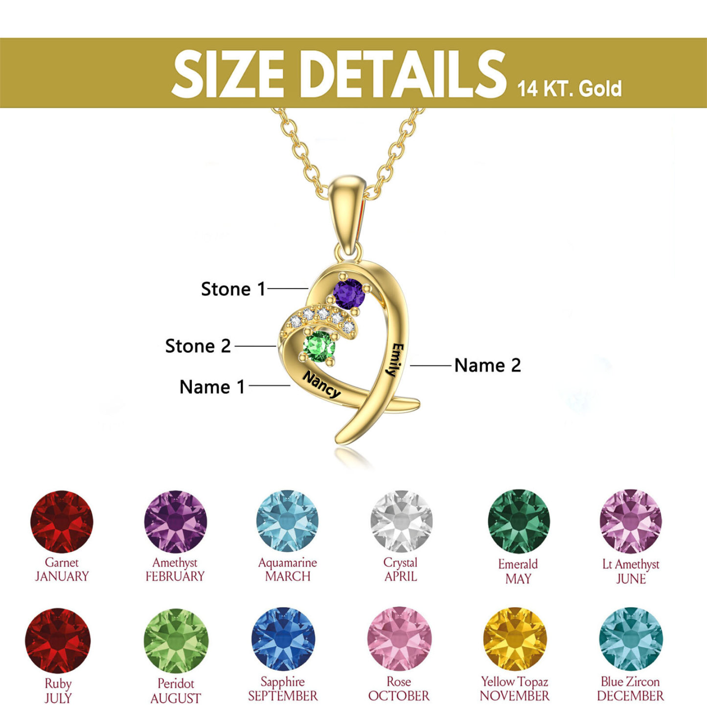 Valentina Zirconia Birthstone Necklace in 14K Solid Gold-YAFEINI Personalized Jewelry