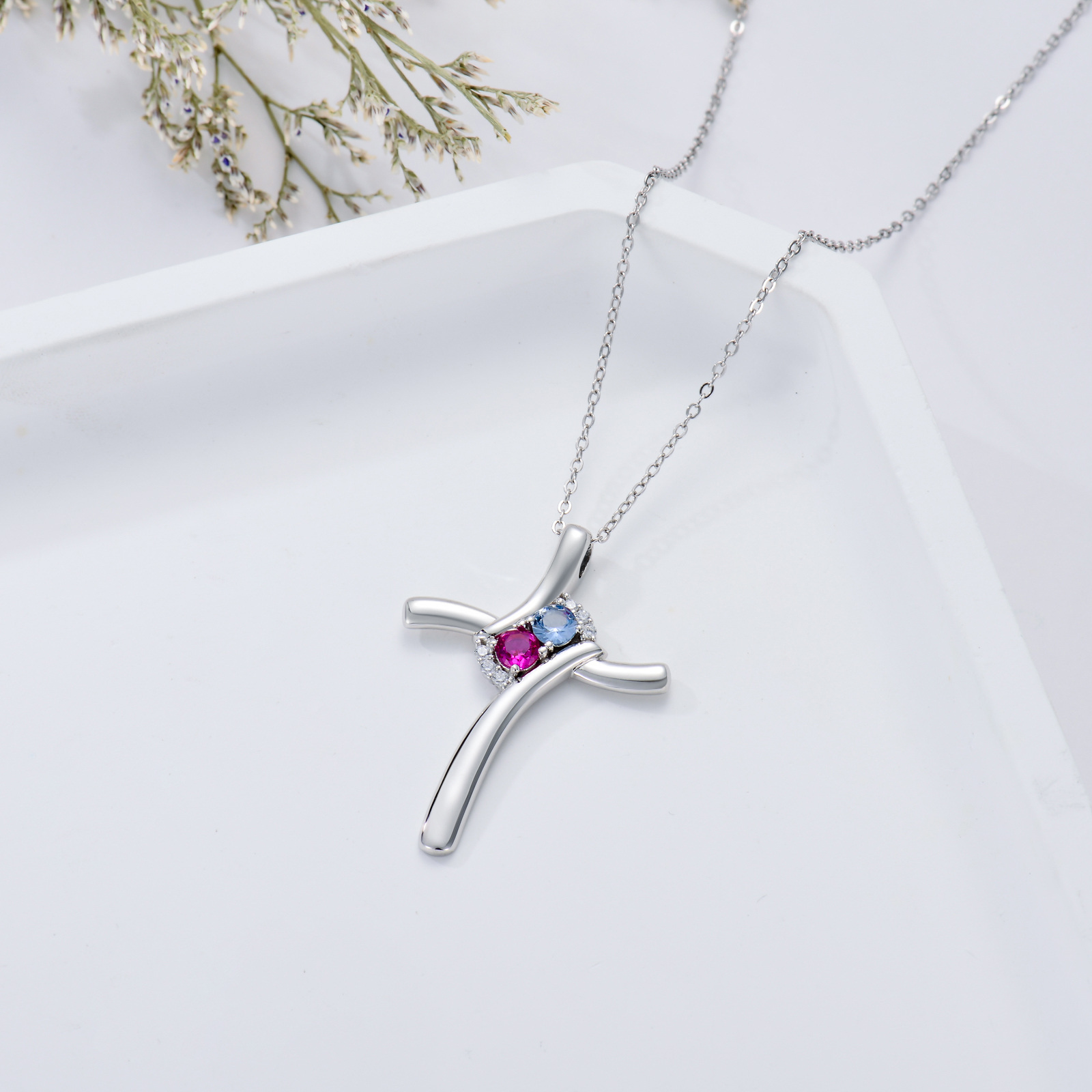 Celestial Zirconia Birthstone Cross Necklace in Sterling Silver-YAFEINI Personalized Jewelry