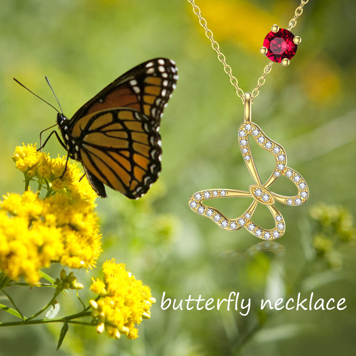 Circular Cubic Zirconia Butterfly Birthstone Necklace in 14K Solid Gold-YAFEINI Personalized Jewelry