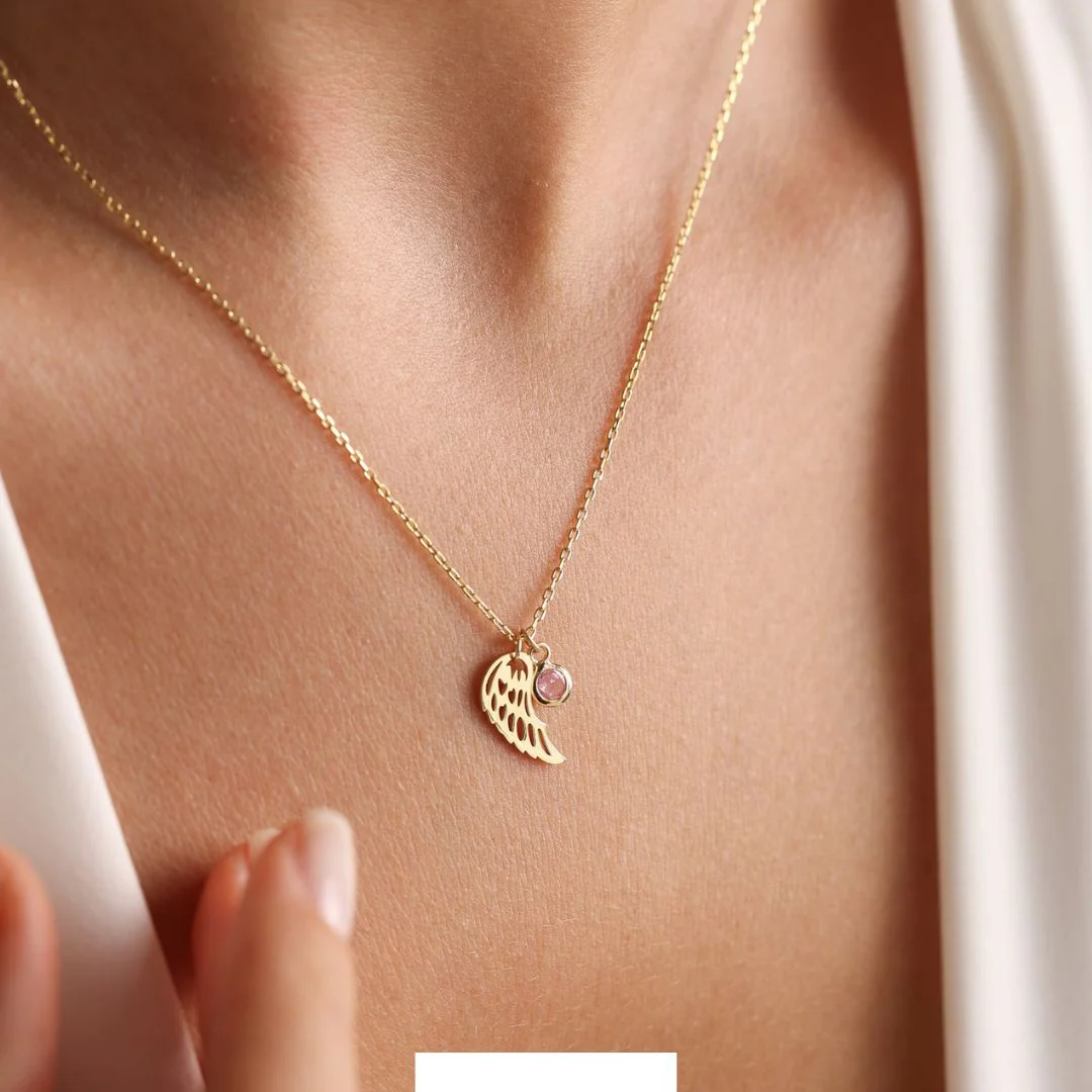 Angel Wing Birthstone Necklace in Sterling Silver