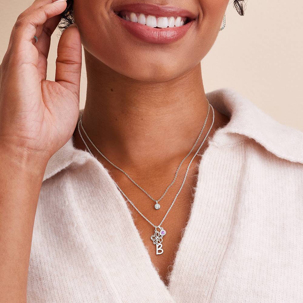 Blooming Birth Flower Initial Necklace with Birthstone in Sterling Silver