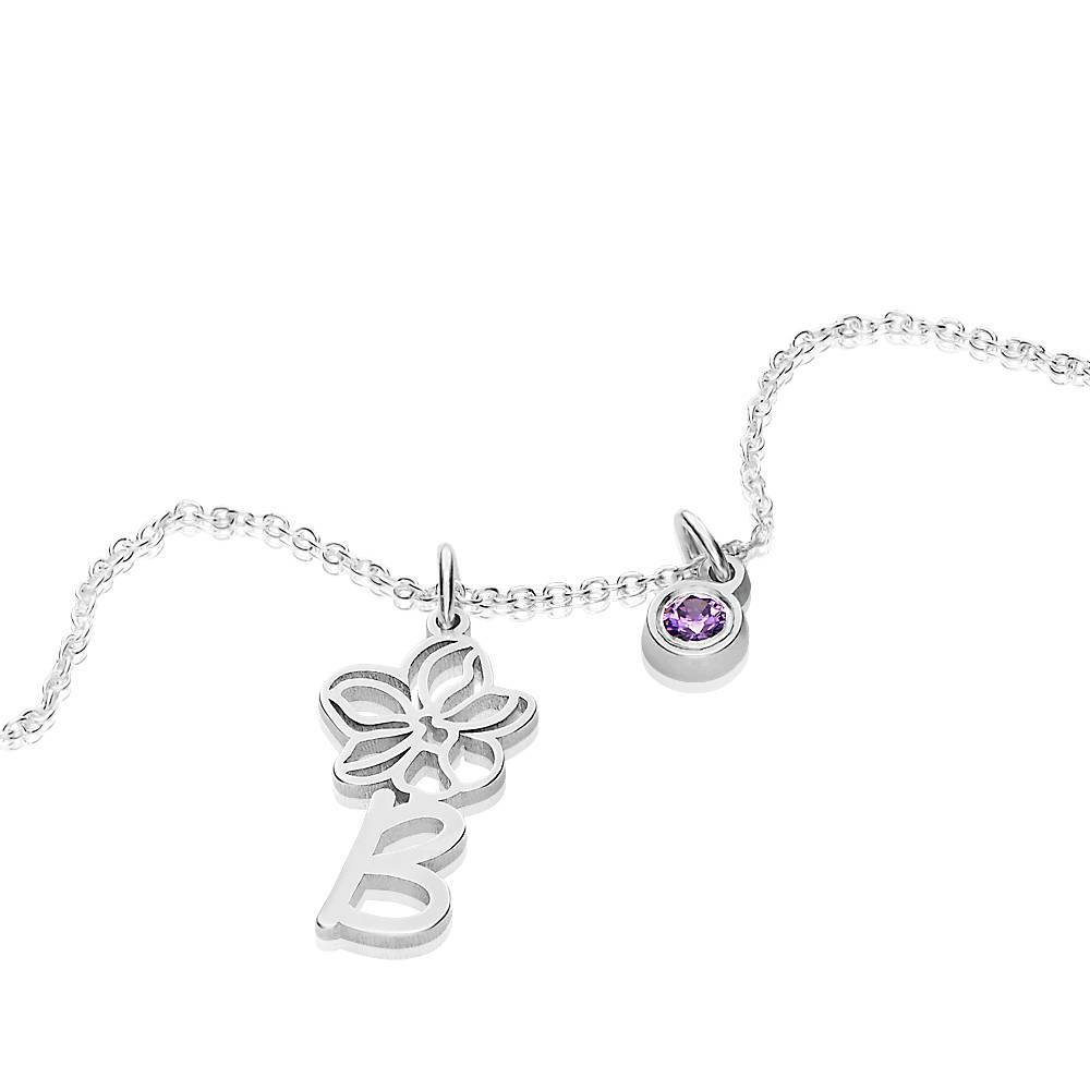 Blooming Birth Flower Initial Necklace with Birthstone in Sterling Silver
