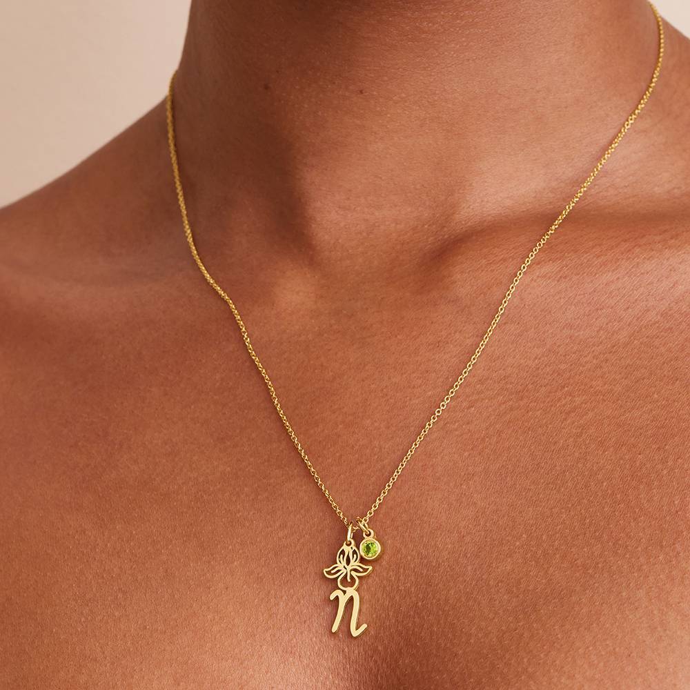 Blooming Birth Flower Initial Necklace with Birthstone in Gold Plating