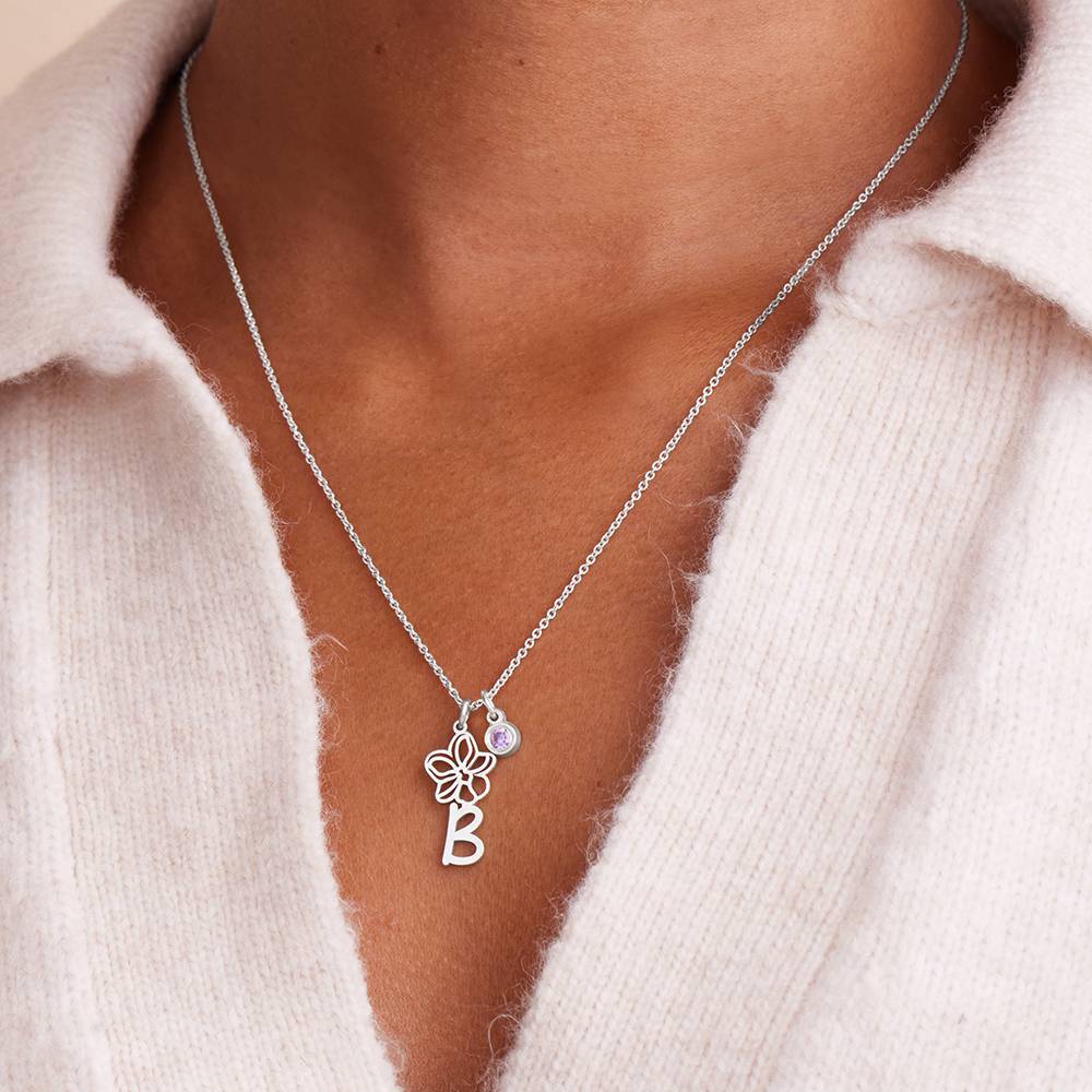 Blooming Birth Flower Initial Necklace with Birthstone in Sterling Silver