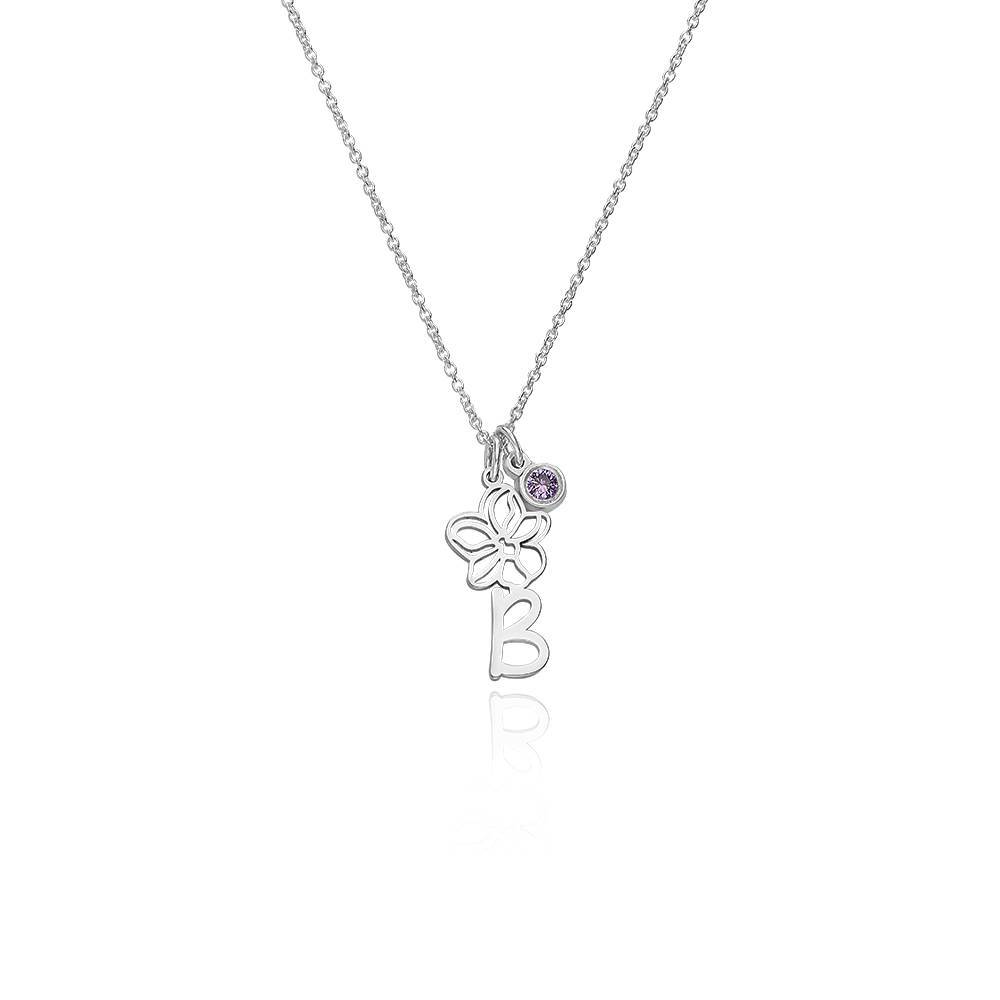 Blooming Birth Flower Initial Necklace with Birthstone in Sterling Silver