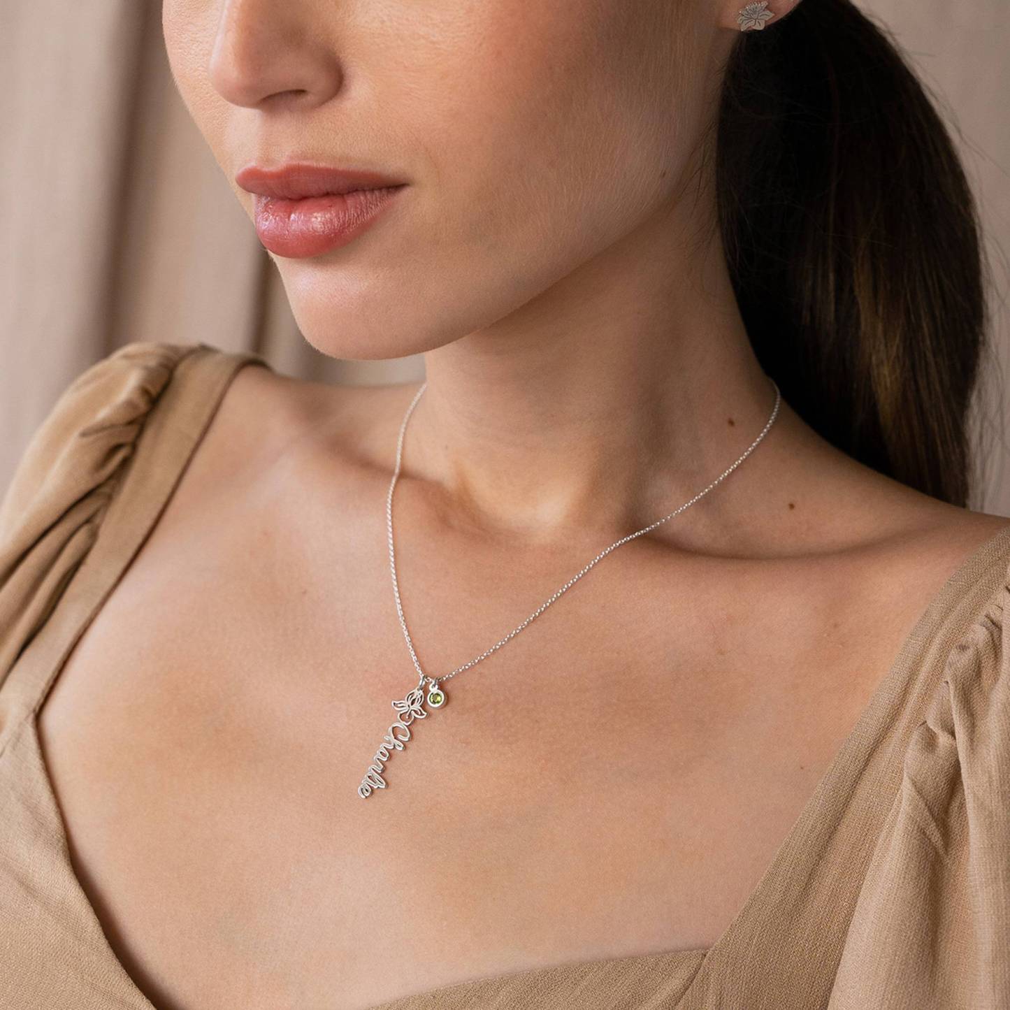 Blooming Birth Flower Name Necklace with Birthstone in Sterling Silver