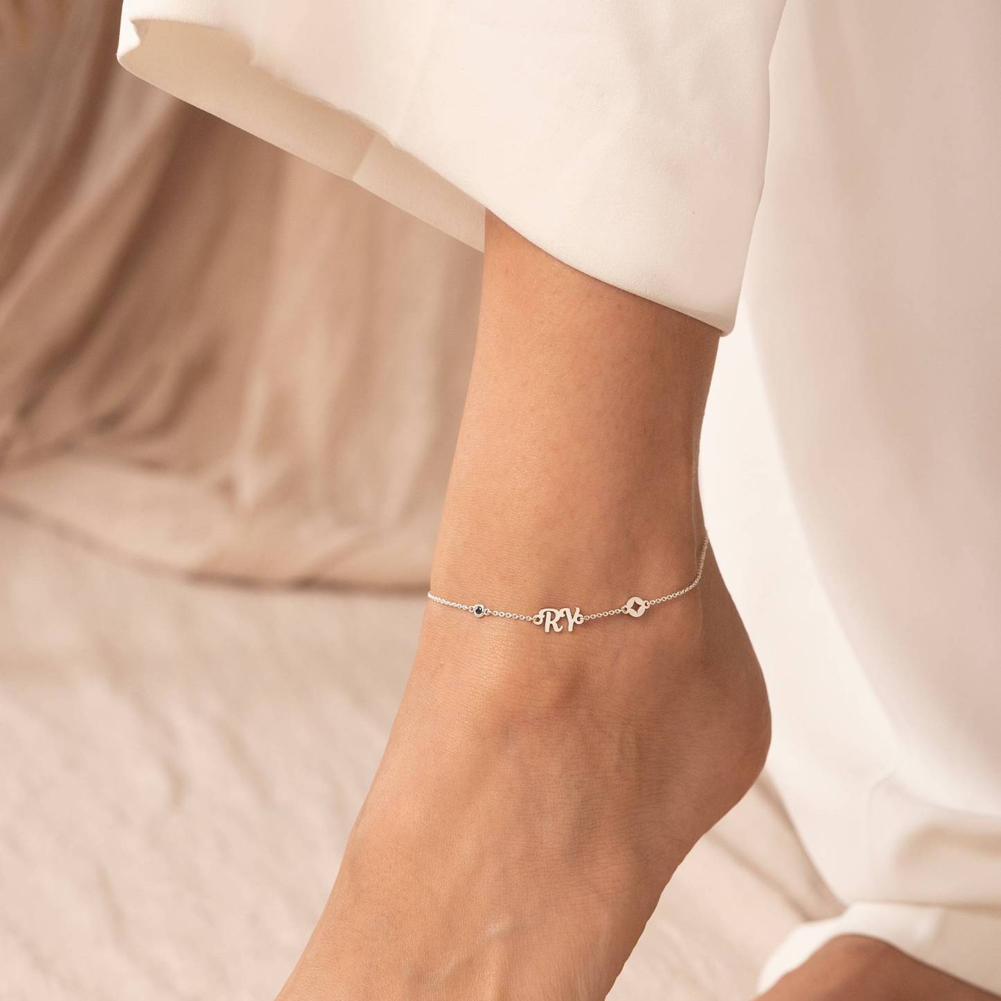Star Initial Bracelet / Anklet with Birthstone in Sterling Silver
