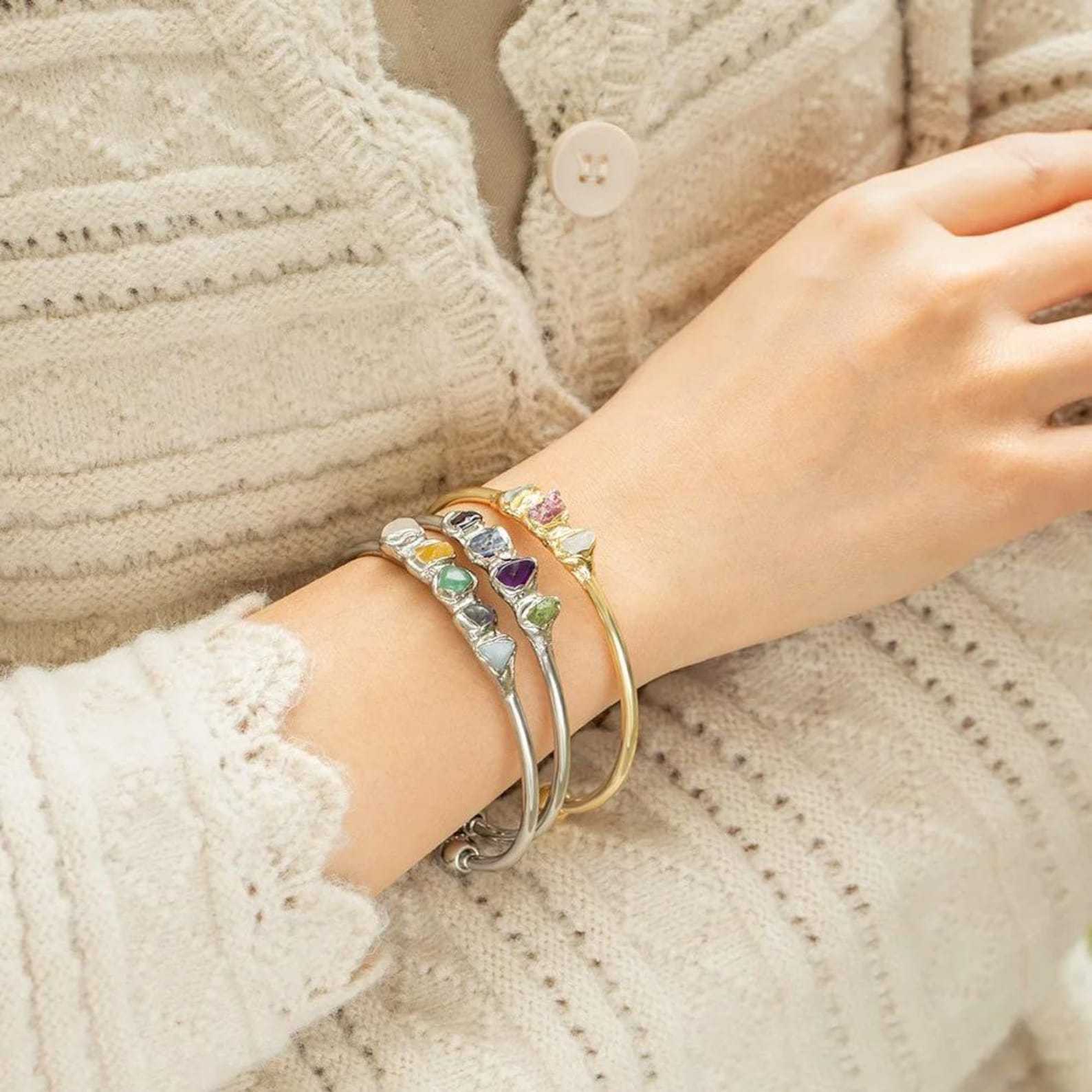 Raw Crystals Bangle Boho Raw Crystal Bracelet in Sterling Silver