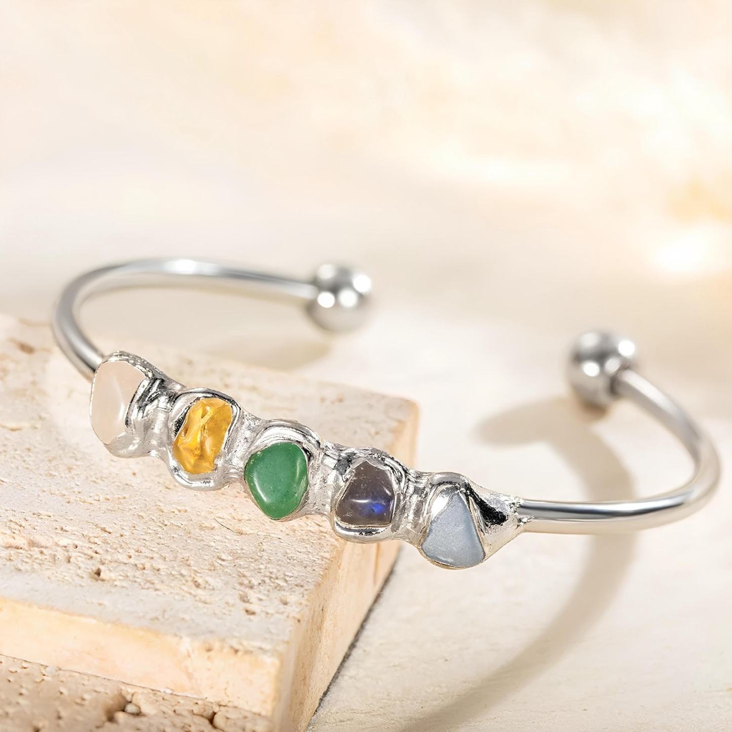 Raw Crystals Bangle Boho Raw Crystal Bracelet in Sterling Silver