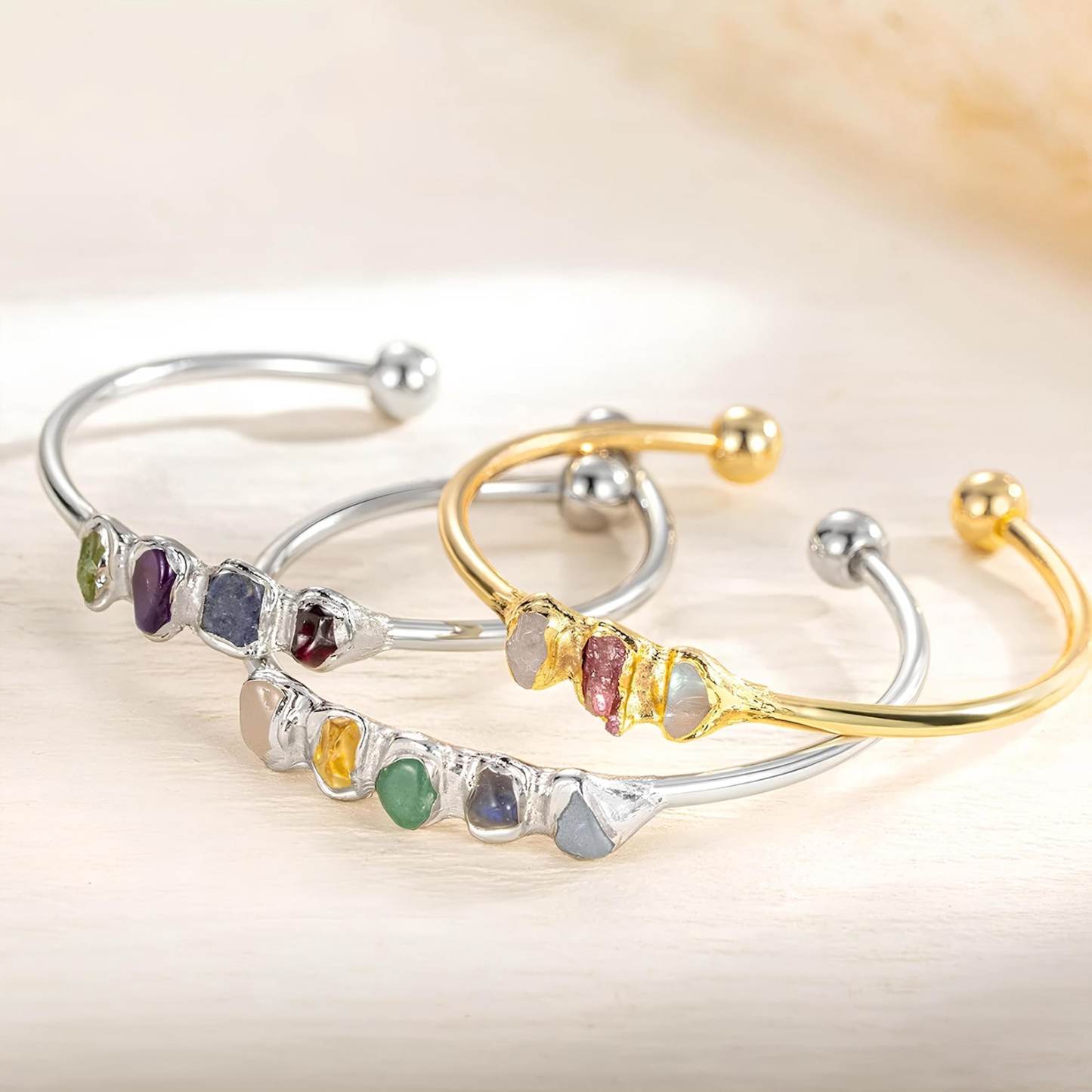 Raw Crystals Bangle Boho Raw Crystal Bracelet in Sterling Silver