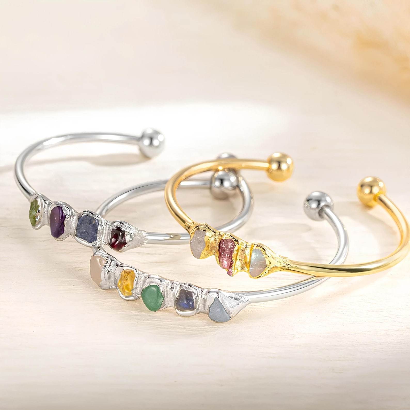 Raw Crystals Bangle Boho Raw Crystal Bracelet in Sterling Silver
