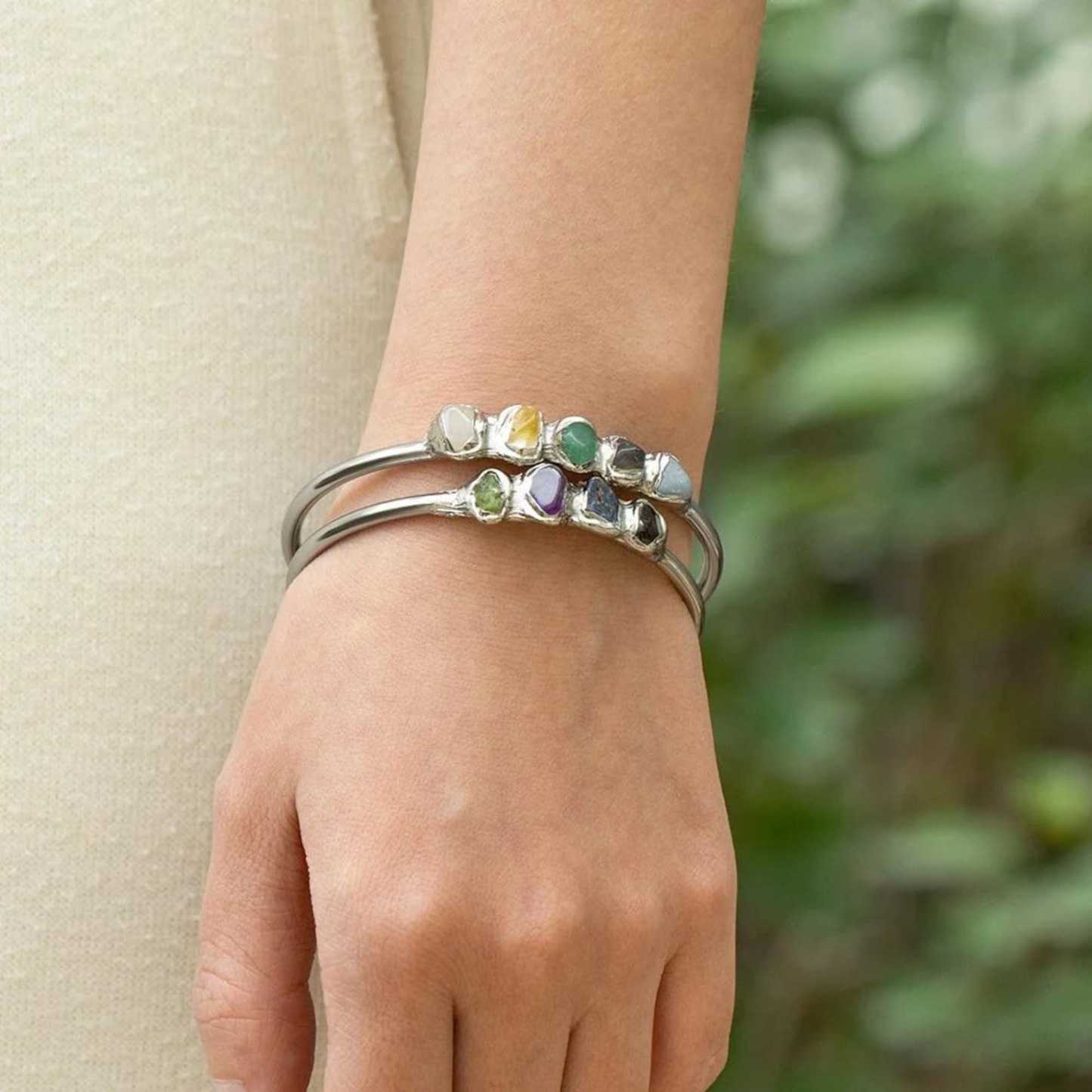 Raw Crystals Bangle Boho Raw Crystal Bracelet in Sterling Silver