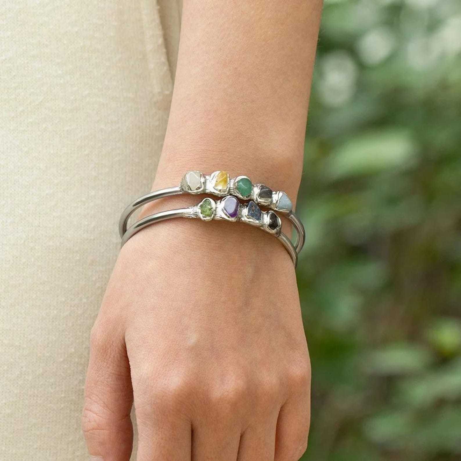 Raw Crystals Bangle Boho Raw Crystal Bracelet in Sterling Silver