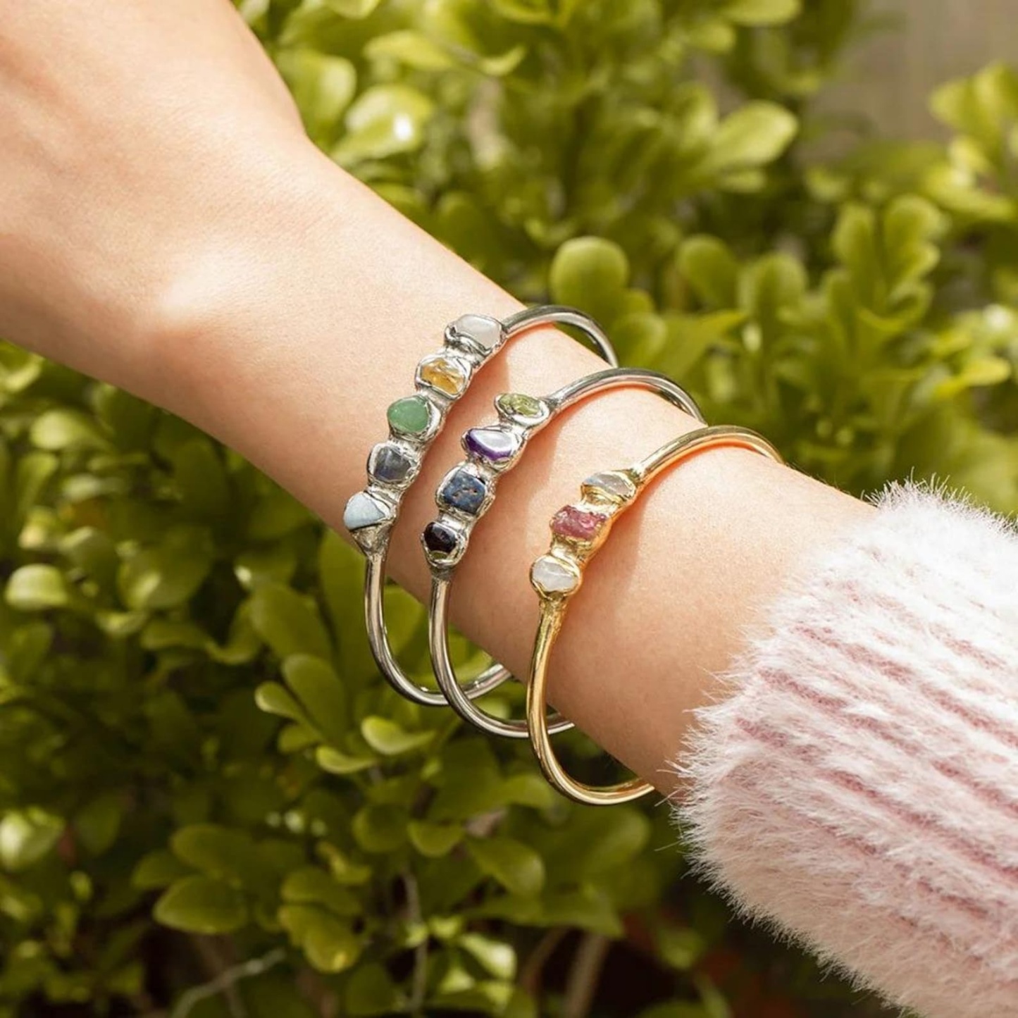 Raw Crystals Bangle Boho Raw Crystal Bracelet in Sterling Silver