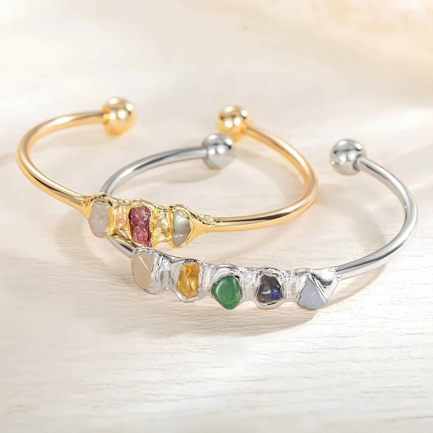 Raw Crystals Bangle Boho Raw Crystal Bracelet in Sterling Silver
