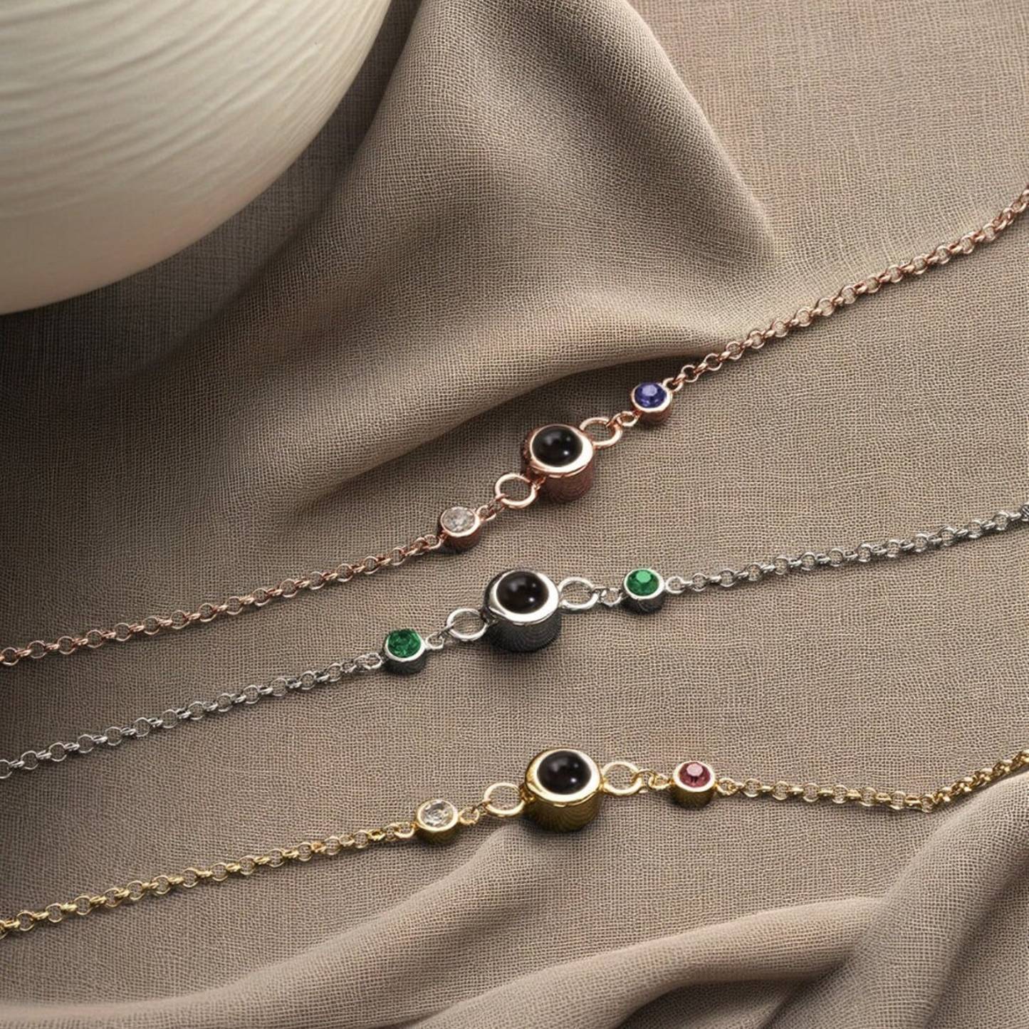 Custom Parent Birthstones Photo Projection Bracelet in Sterling Silver