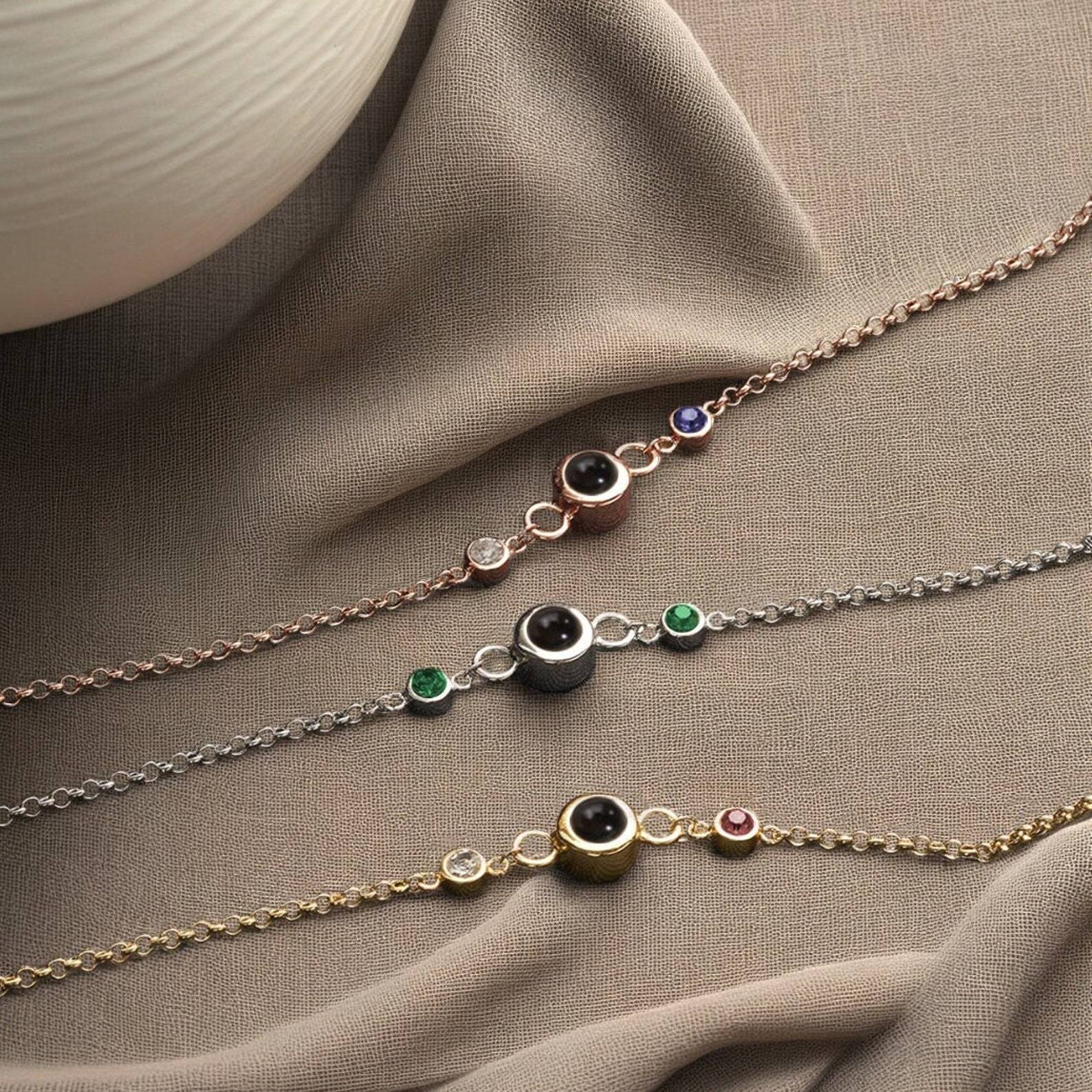 Custom Parent Birthstones Photo Projection Bracelet in Sterling Silver
