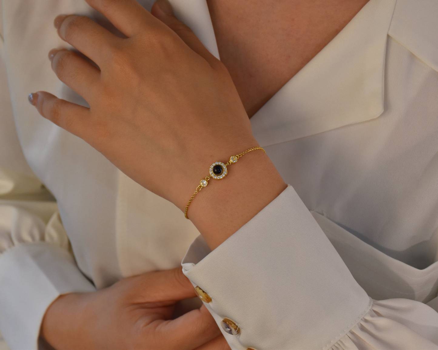 Custom Photo Projection Bracelet with Birthstone in Sterling Silver