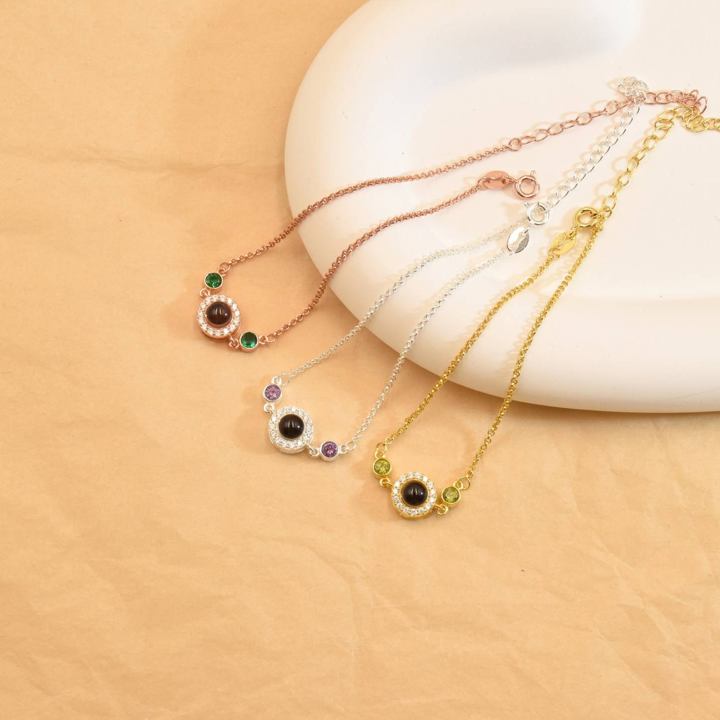 Custom Photo Projection Bracelet with Birthstone in Sterling Silver