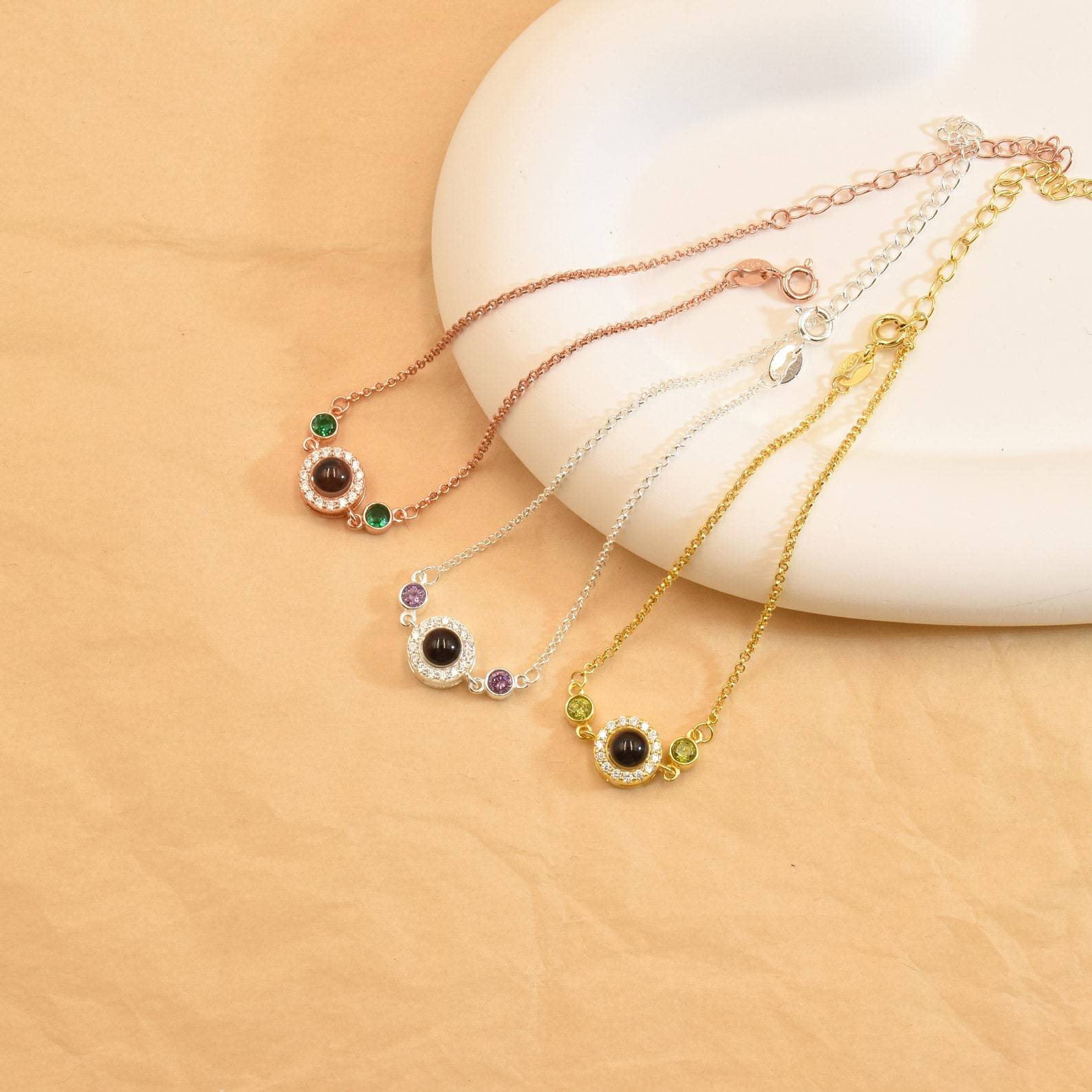 Custom Photo Projection Bracelet with Birthstone in Sterling Silver