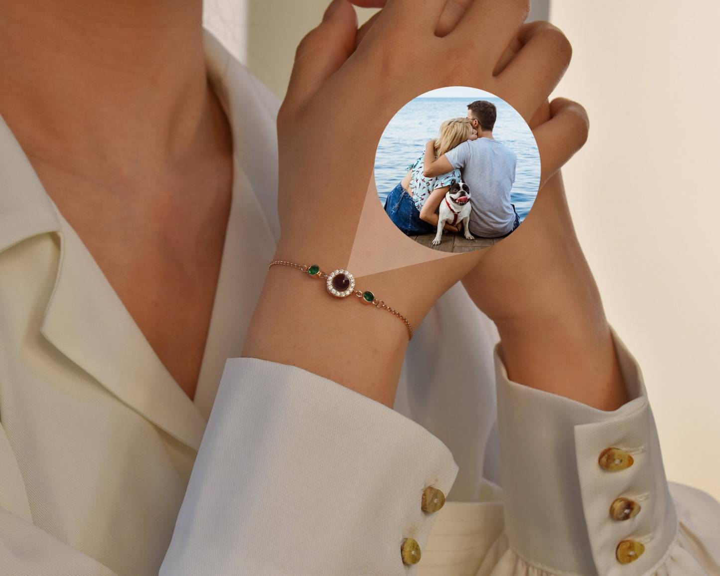 Custom Photo Projection Bracelet with Birthstone in Sterling Silver