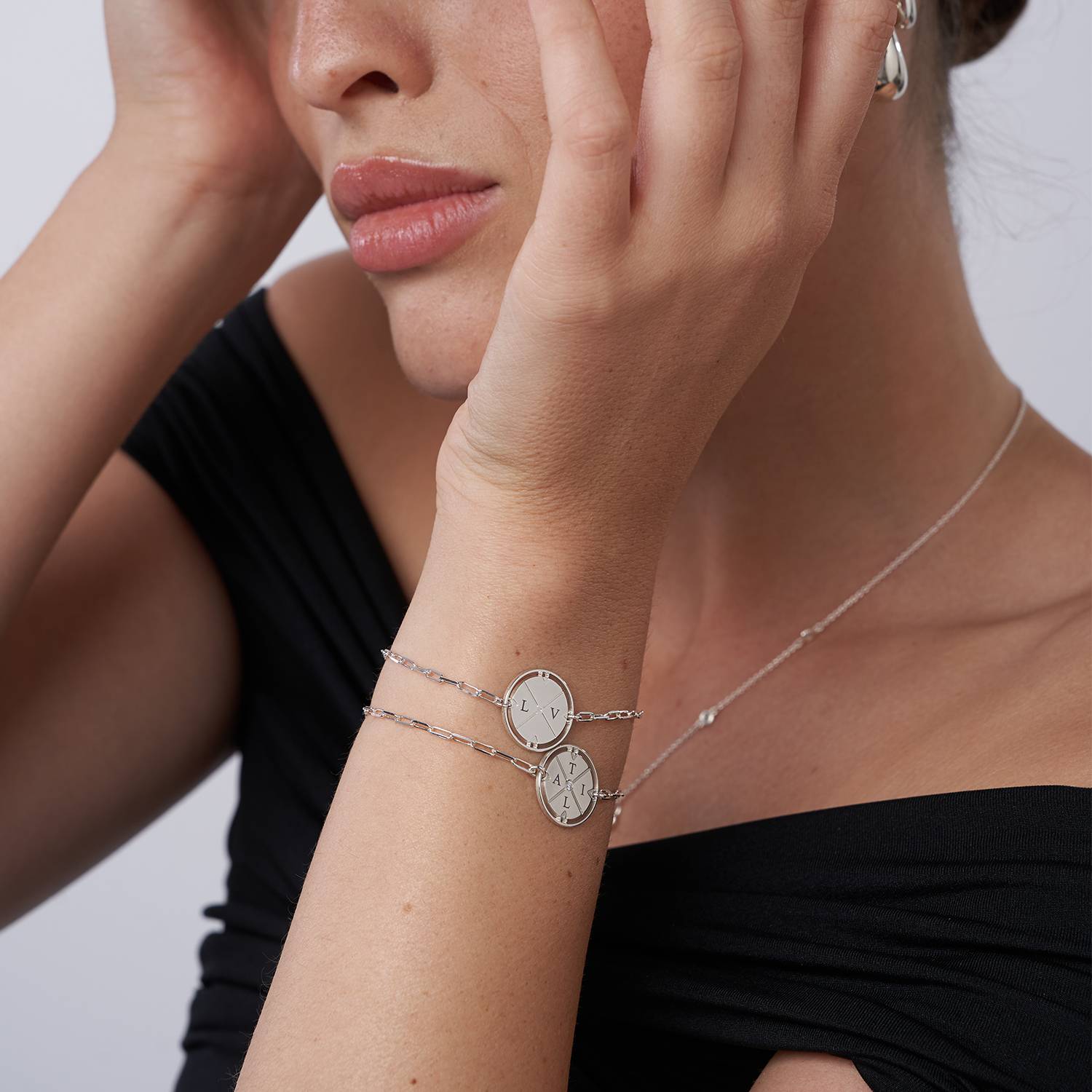 Engraved Compass Bracelet in Sterling Silver
