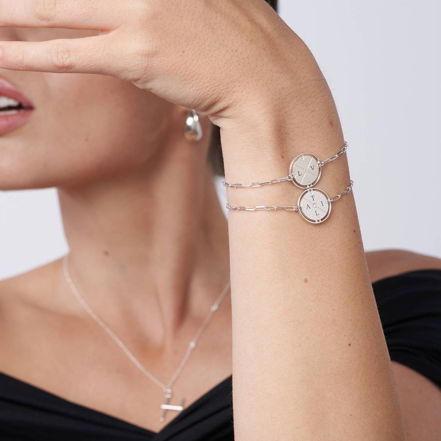 Engraved Compass Bracelet in Sterling Silver
