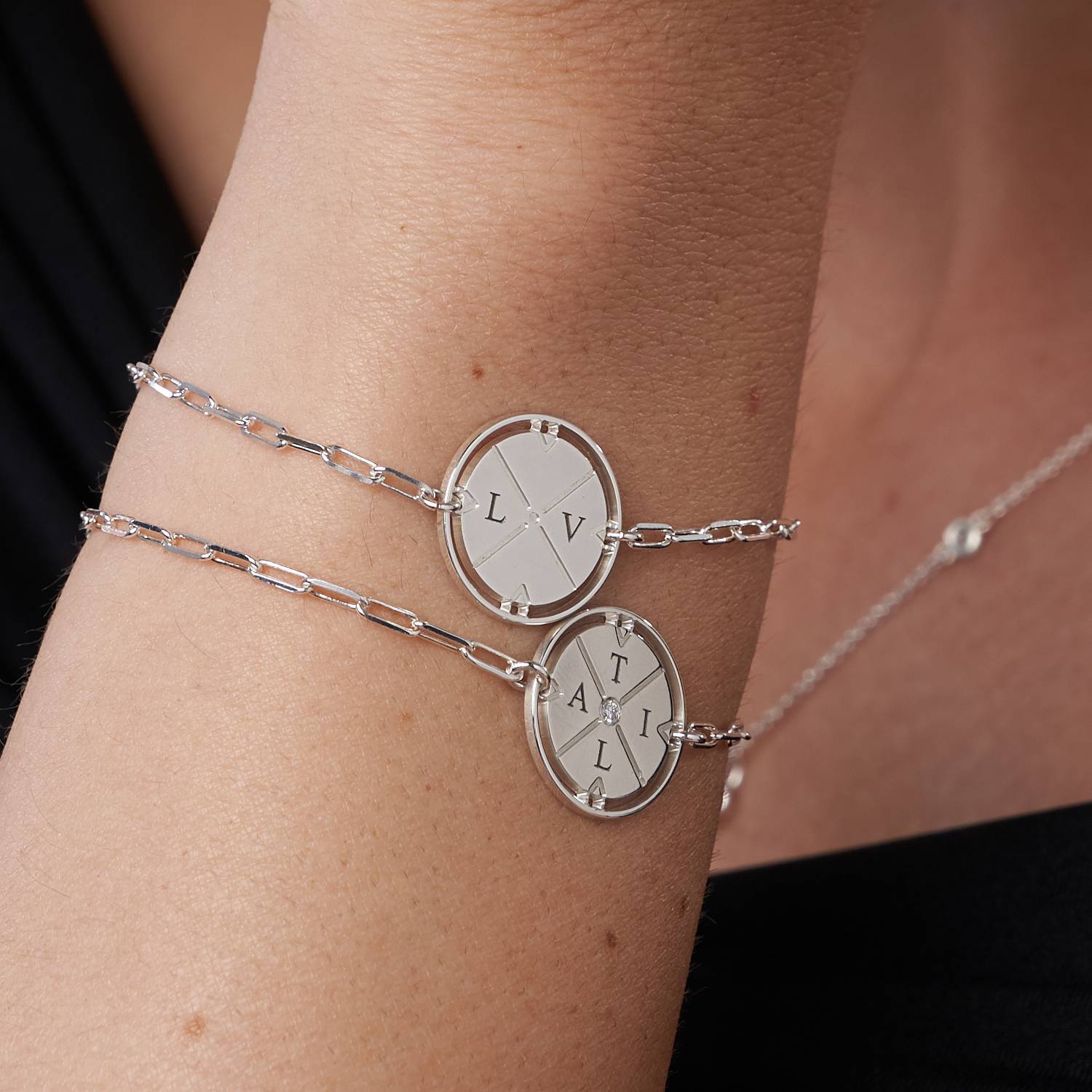 Engraved Compass Bracelet in Sterling Silver