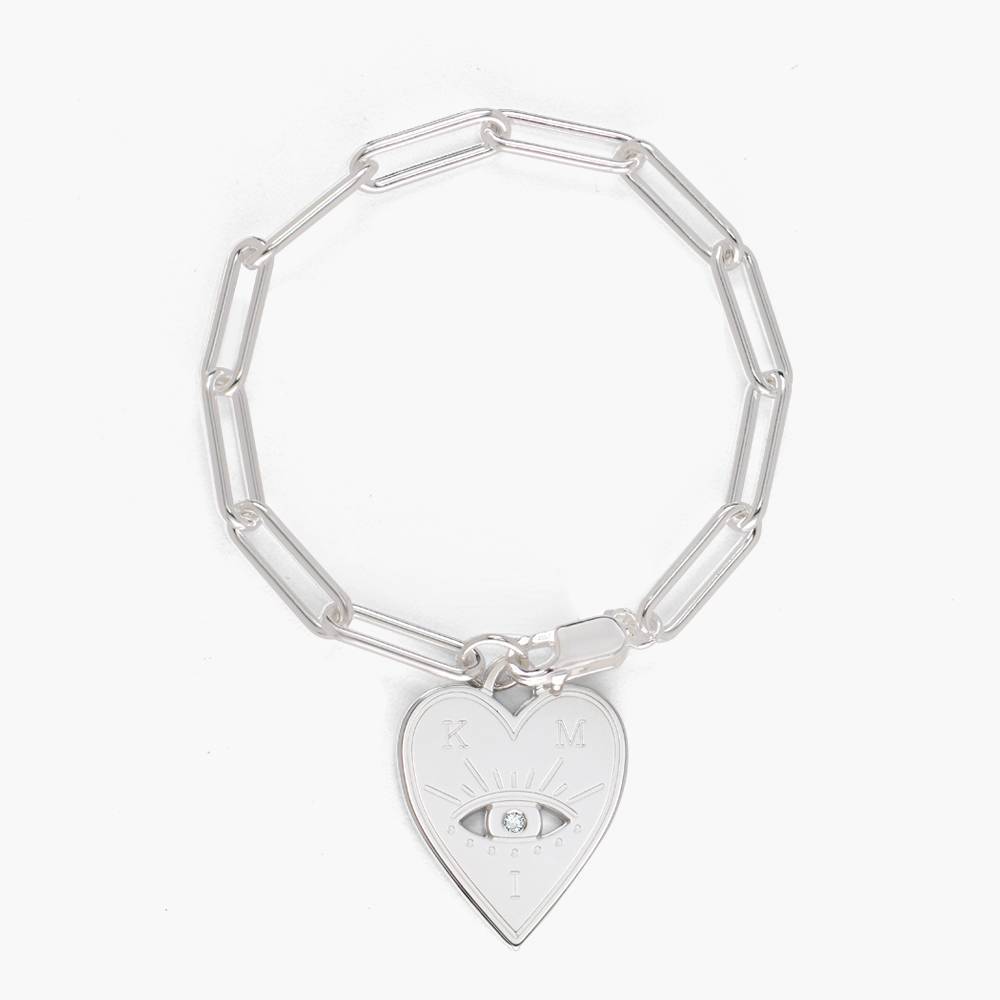 Engraved Evil Eye Heart Bracelet with Diamond in Sterling Silver