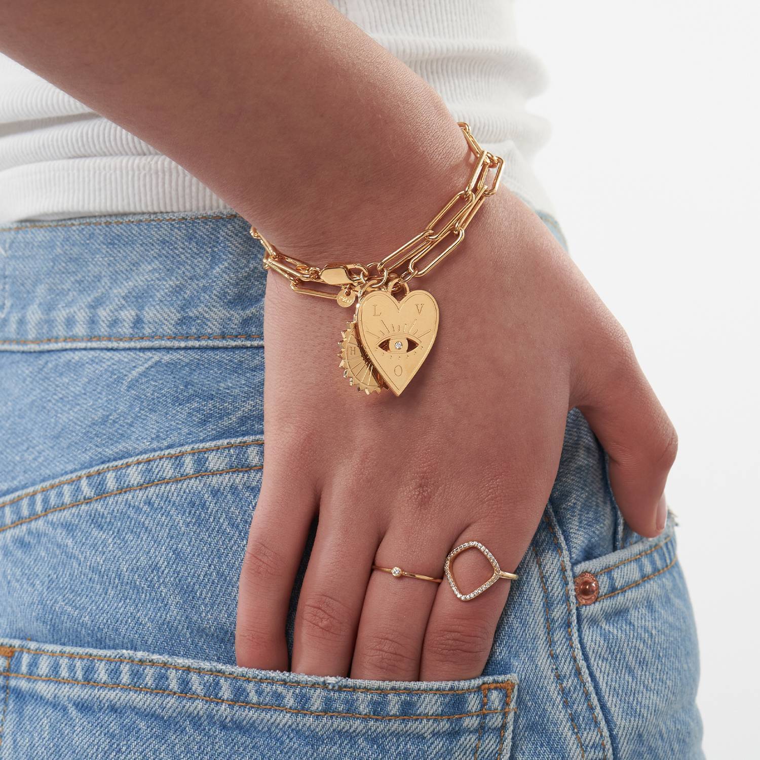 Engraved Evil Eye Heart Bracelet with Diamond in Gold Vermeil