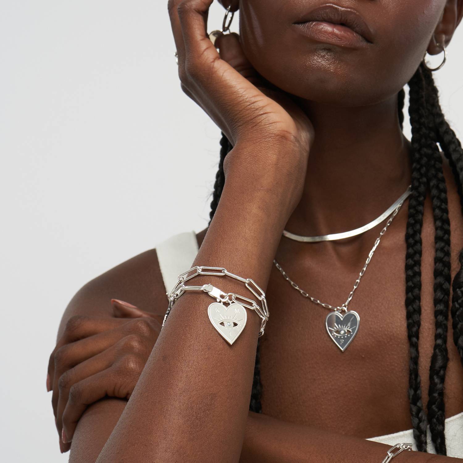 Engraved Evil Eye Heart Bracelet with Diamond in Sterling Silver