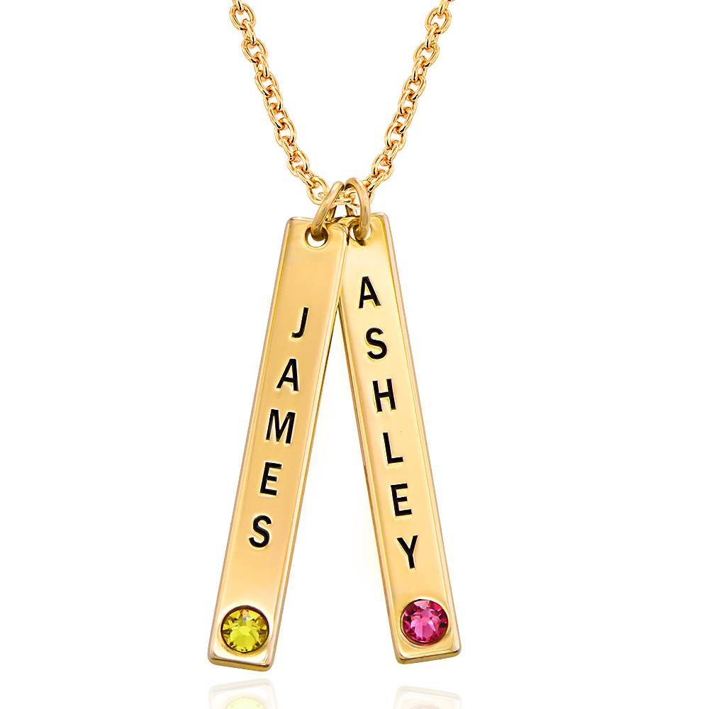 Engraved Vertical Bar Necklace with Birthstones in Gold Plating