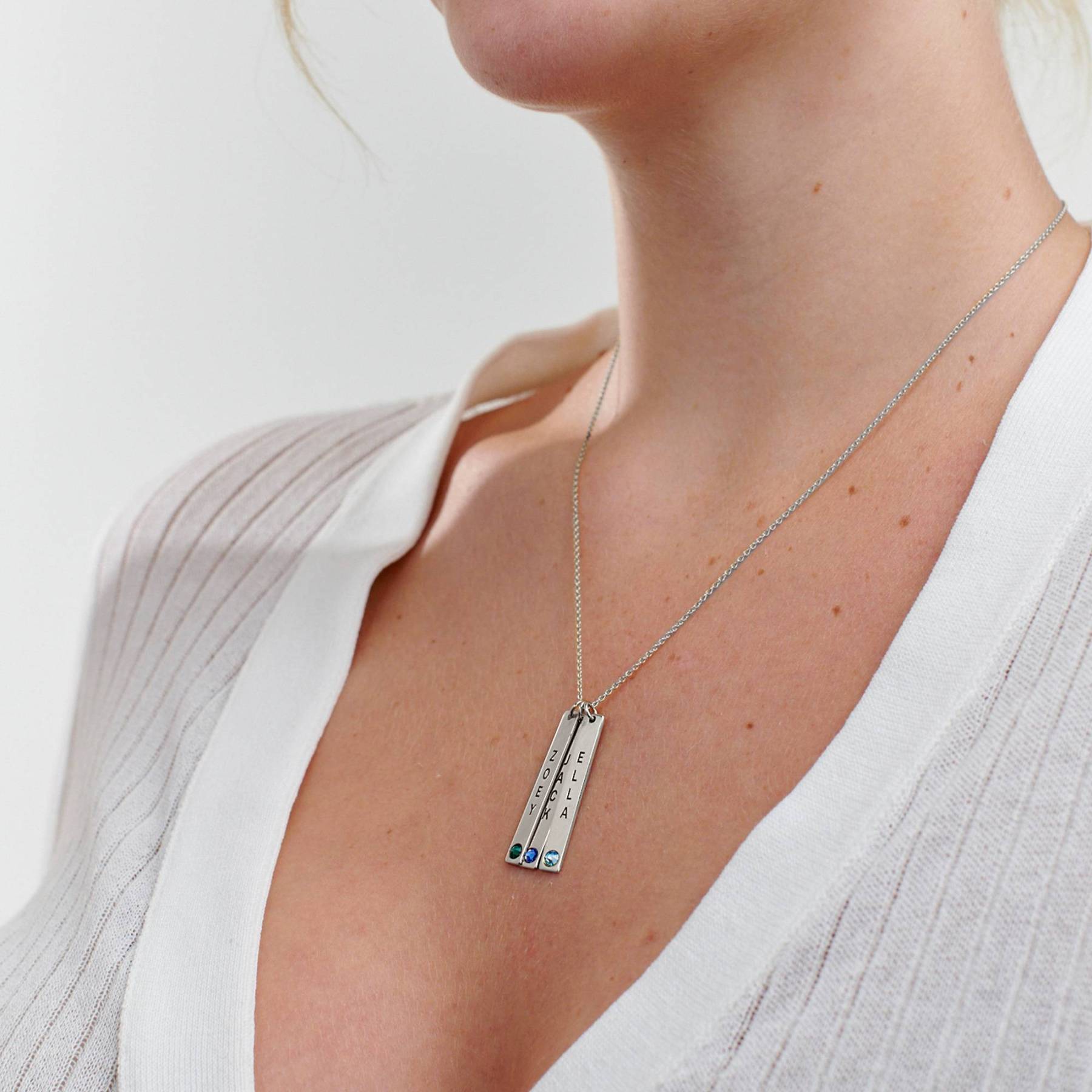 Engraved Vertical Bar Necklace with Birthstones in Sterling Silver