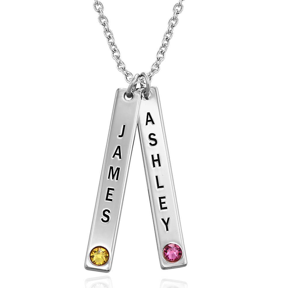 Engraved Vertical Bar Necklace with Birthstones in Sterling Silver
