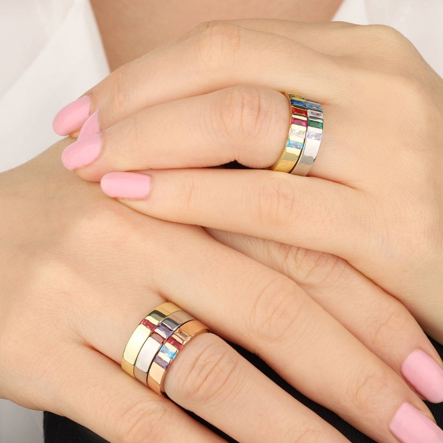 Unique Baguette Birthstone Bands Ring in Sterling Silver