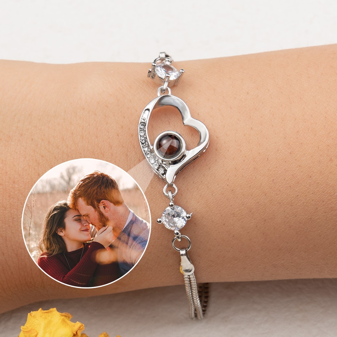Heart Memorial Photo Projection Bracelet For Couple in Sterling Silver