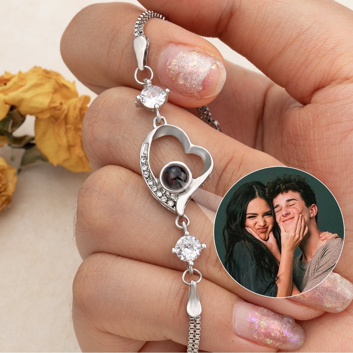 Heart Memorial Photo Projection Bracelet For Couple in Sterling Silver
