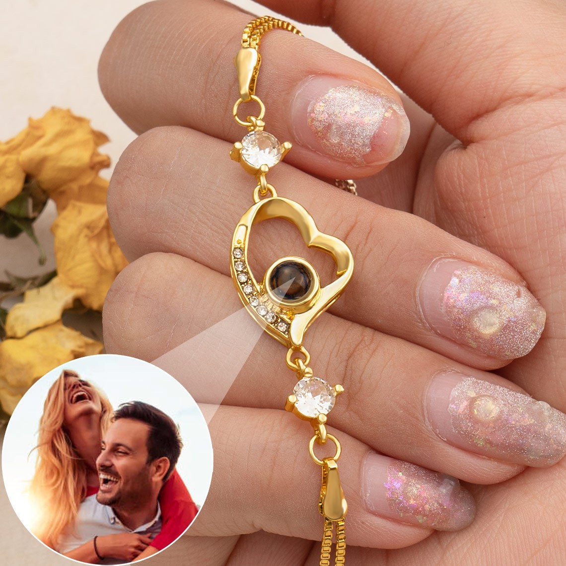 Heart Memorial Photo Projection Bracelet For Couple in Sterling Silver