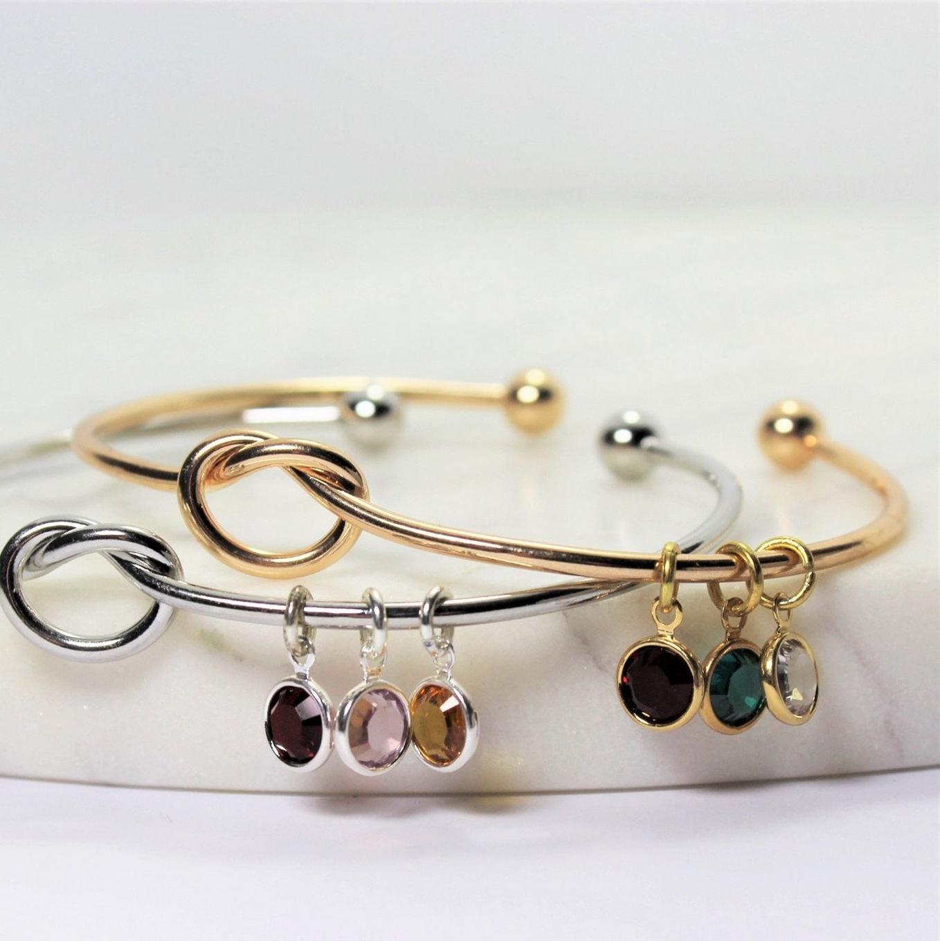 Personalized KNOT bangle, birthstone bracelet in Sterling Silver