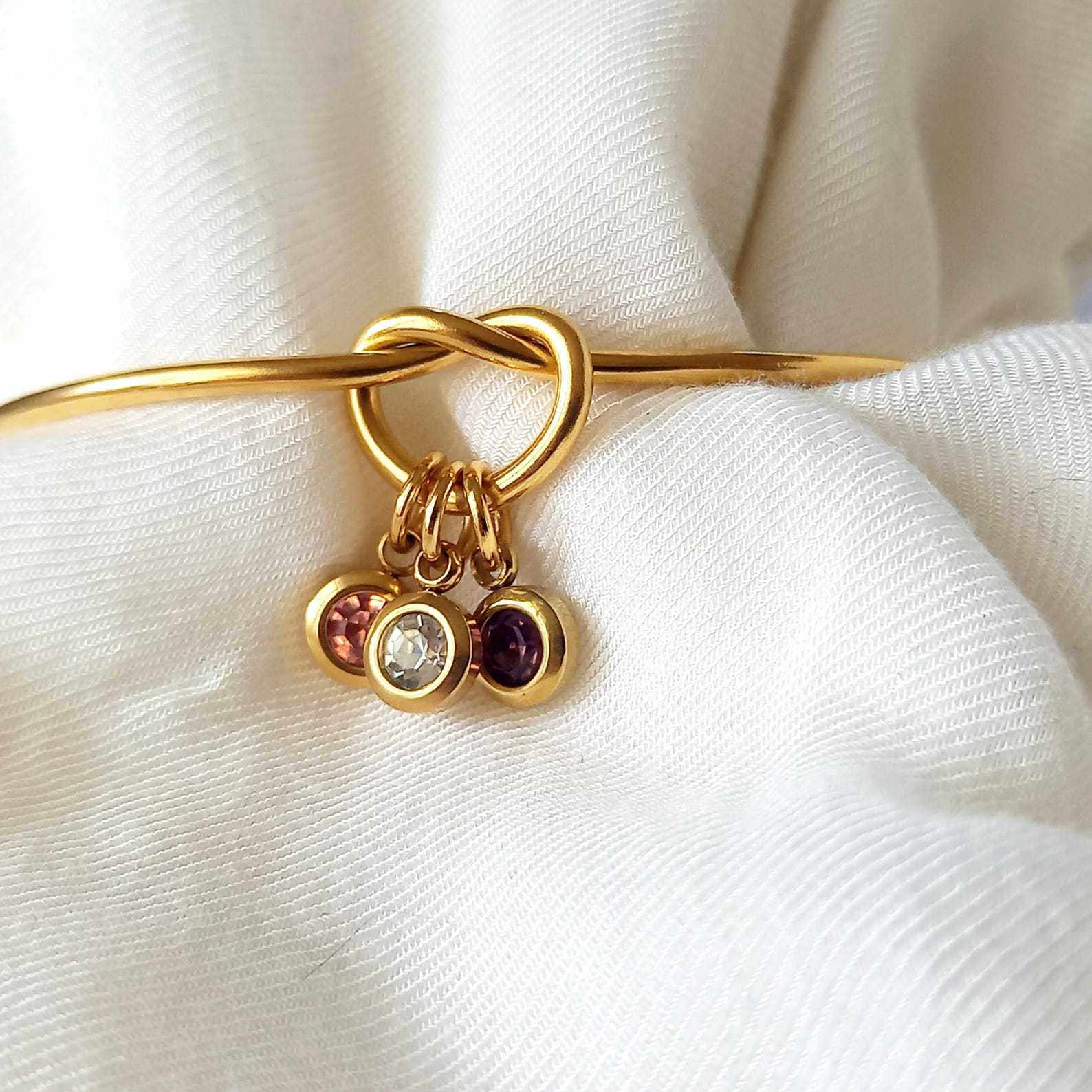 Personalized KNOT bangle, birthstone bracelet in Sterling Silver
