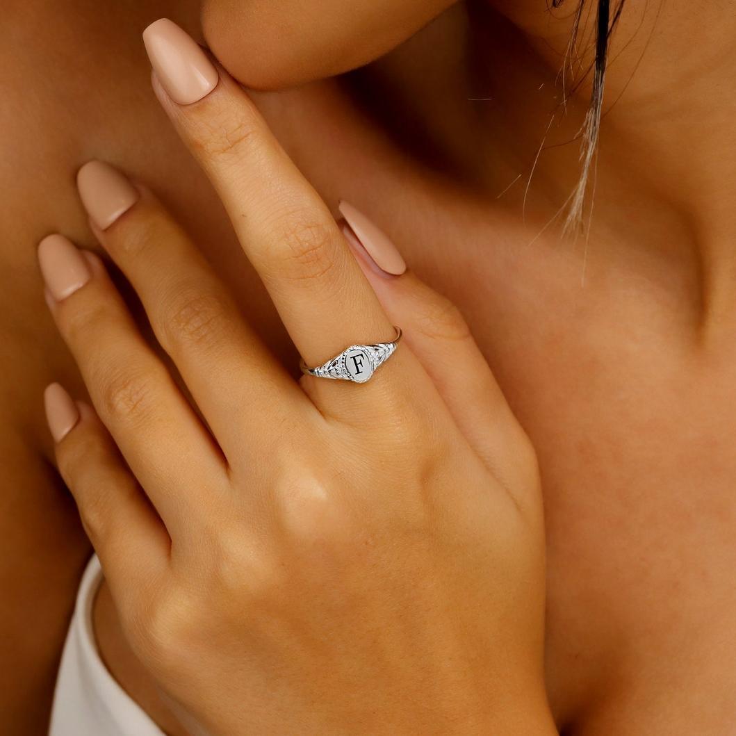Oval Dainty Initial Ring in Sterling Silver