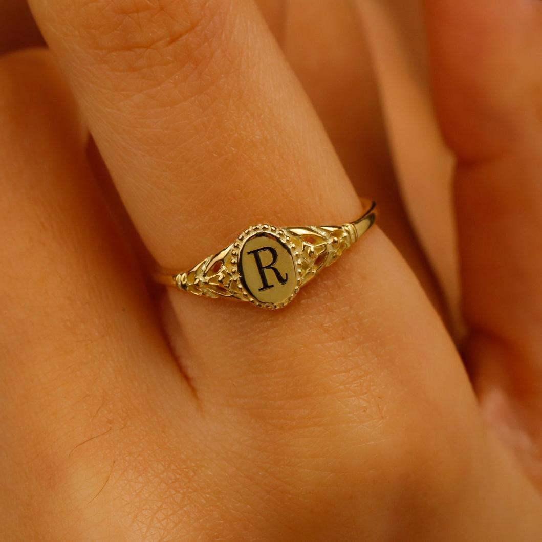 Oval Dainty Initial Ring in Sterling Silver